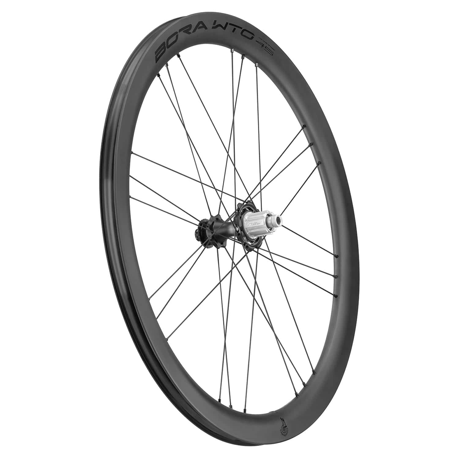 Campagnolo Bora WTO 45 C23 matte disc road bike wheelset with aerodynamic rims and 2-Way Fit tires for high-performance cycling.