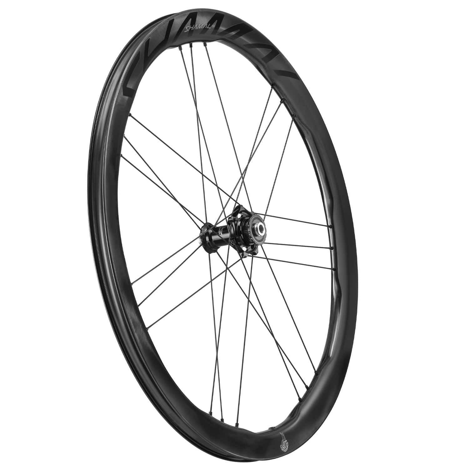 Campagnolo Shamal Dual Profile 2-Way C23 disc road and gravel wheels with black spokes and hubs on a bike wheel display.