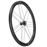 Campagnolo Shamal Dual Profile 2-Way C23 disc road and gravel wheels with black spokes and hubs on a bike wheel display.