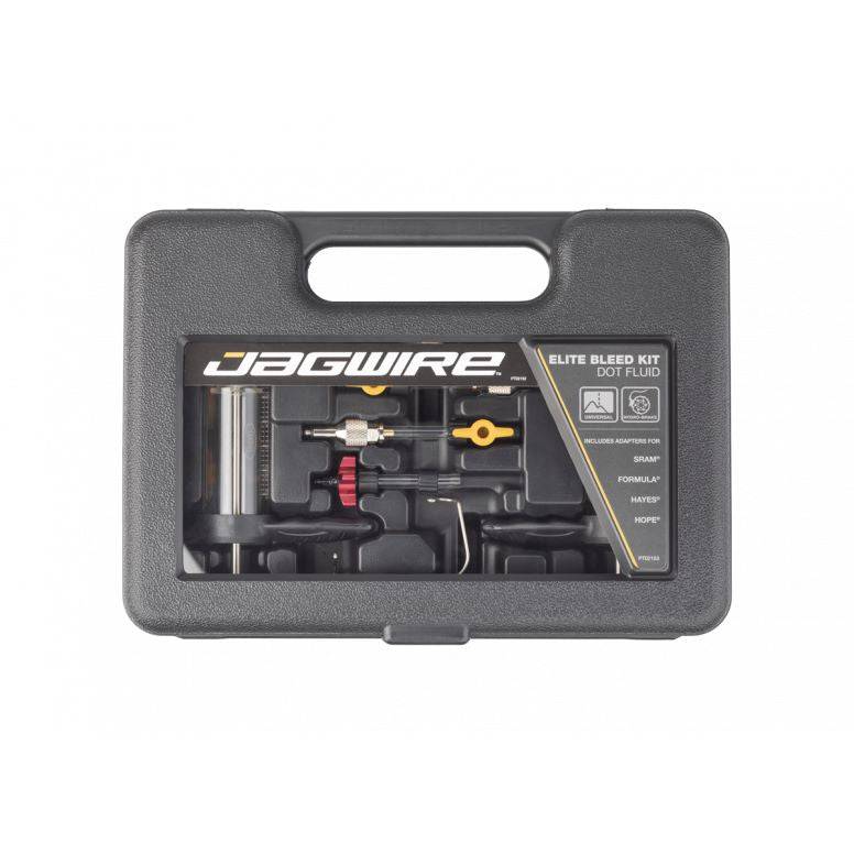 Jagwire Elite DOT Brake Bleed Kit for hydraulic disc brakes in a black deluxe case, designed for workshop use.