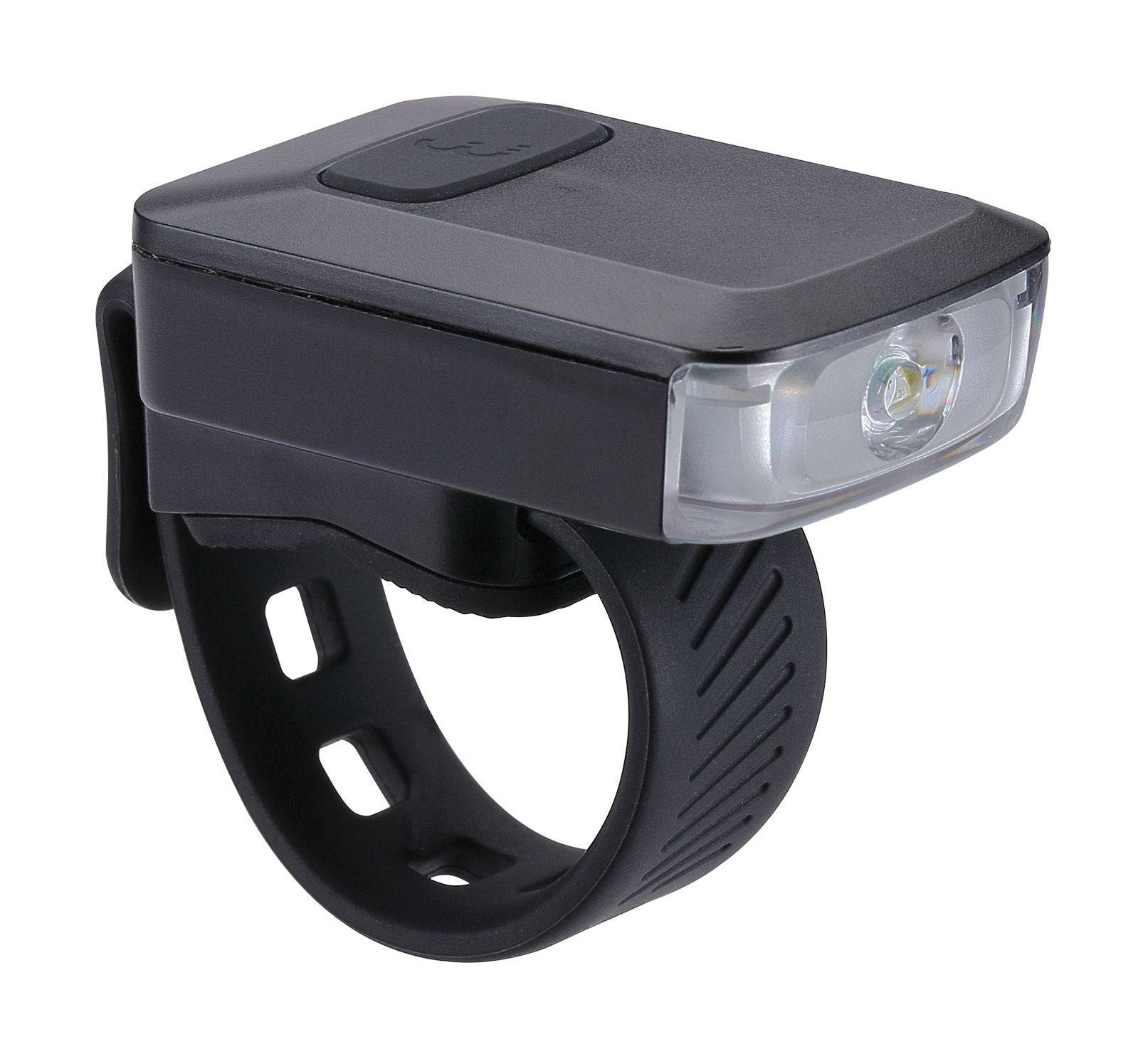 BBB Spark 2.0 front LED bike light with USB rechargeability, day flash mode, mounted on a bicycle handlebar.