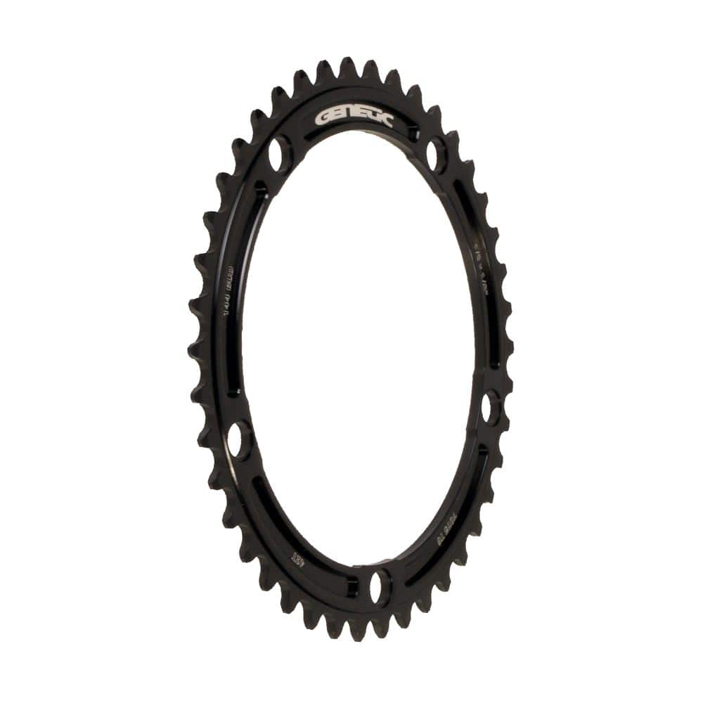 Genetic CNC machined tibia track chainring for road bikes, 1/2 x 1/8 inch, with a sleek metallic finish and detailed teeth.