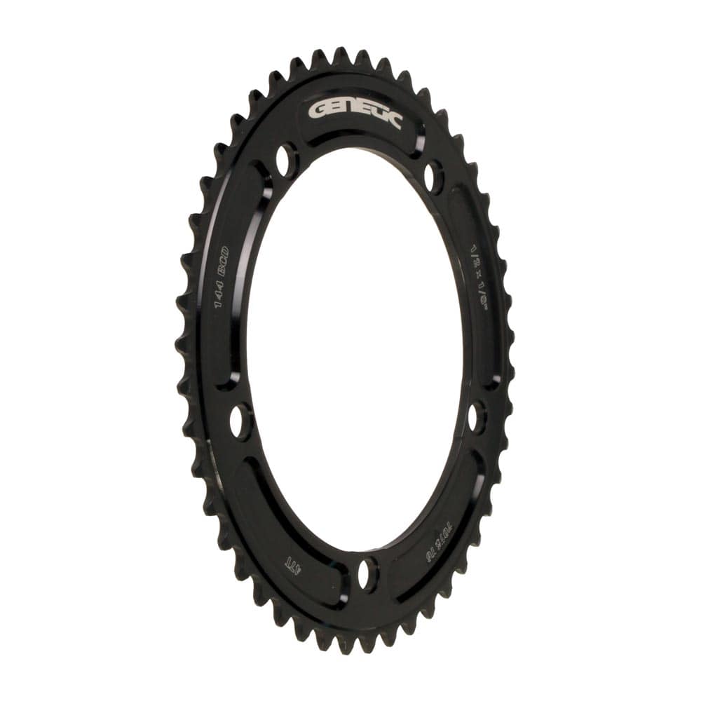 Genetic CNC machined chainring for road bikes, 1/2 x 1/8" tibia track chainring component with detailed teeth design.