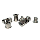 Set of 5 ID stainless steel chainring bolts, double size spares and accessories for bicycle components.