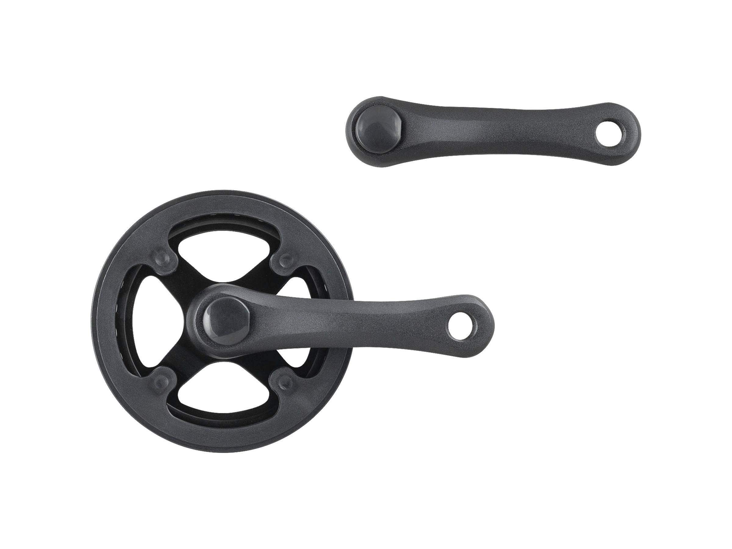 Trek Wheel Top 20-inch MTB crankset in black with 28-tooth gear, 114mm spindle, and protective guard for mountain biking.