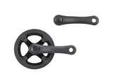 Trek Wheel Top 20-inch MTB crankset in black with 28-tooth gear, 114mm spindle, and protective guard for mountain biking.