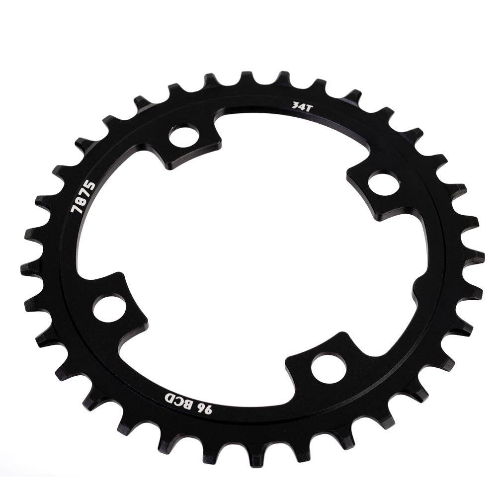 SunRace CRMX00 MTB narrow-wide chain ring with 96 BCD for 4-arm cranksets, showing the black chainring on a bike crank.