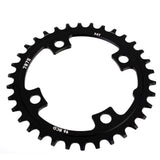SunRace CRMX00 MTB narrow-wide chain ring with 96 BCD for 4-arm cranksets, showing the black chainring on a bike crank.