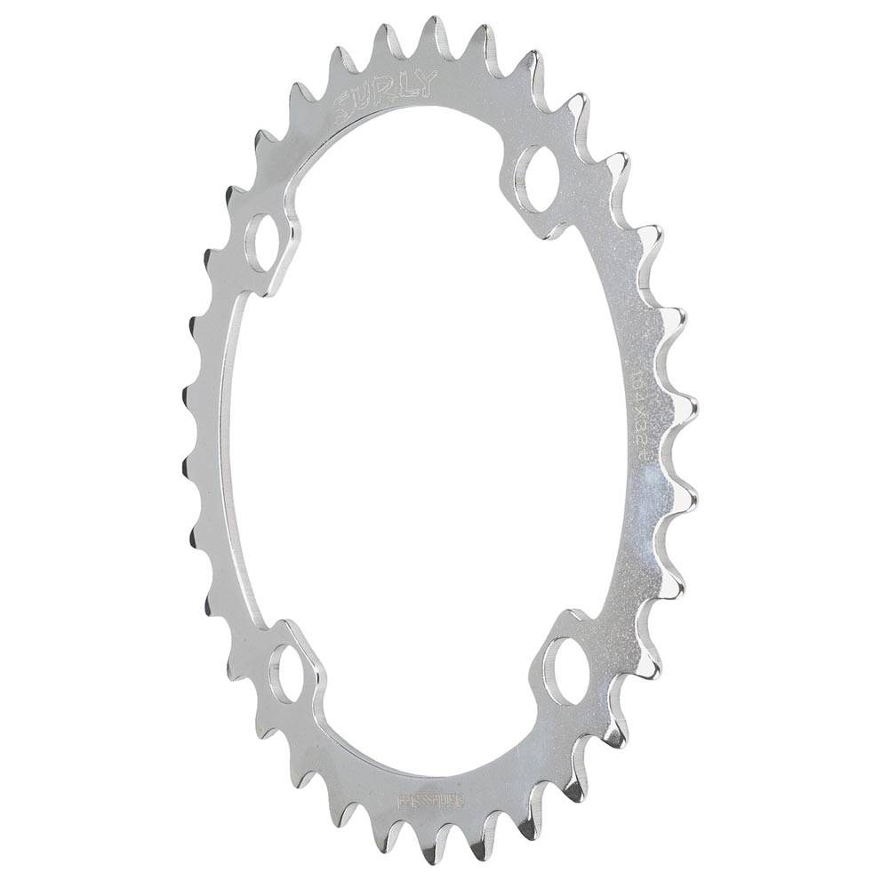 Surly stainless steel 4-arm chainring for single ring MTB bikes, showing the durable, polished metal design with mounting arms.