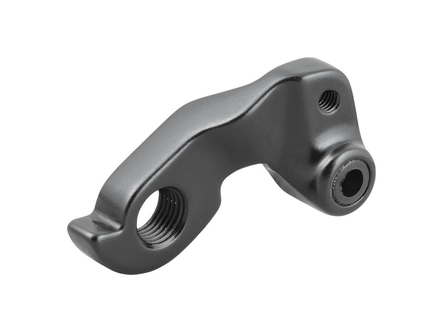 Black Trek rear derailleur hanger and thru axle, replacement component for bike drive side, mounted on rear of bicycle.