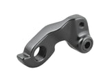 Black Trek rear derailleur hanger and thru axle, replacement component for bike drive side, mounted on rear of bicycle.