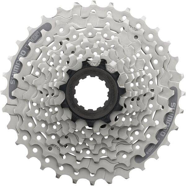 Shimano Acera CS-HG201 9-speed 11-32T cassette for smooth gear shifting, shown with metal cogs and gear teeth.
