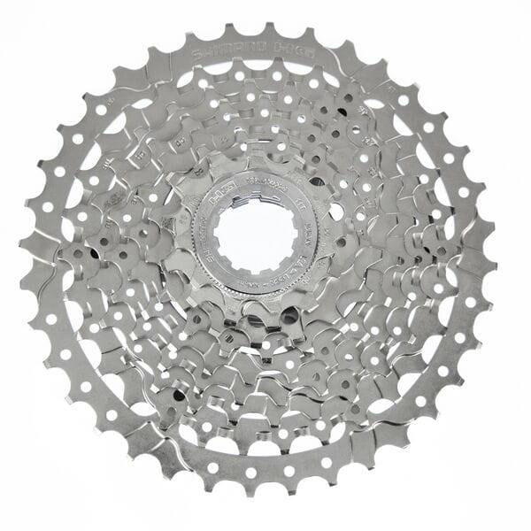 Shimano Alivio CS-HG400 9-speed cassette with metal sprockets for smooth, reliable shifting on mountain and road bikes.