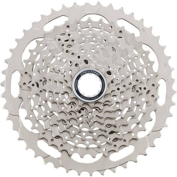 Shimano Deore 10-speed MTB cassette with 11-46T Hyperglide sprockets, bike component for mountain biking.