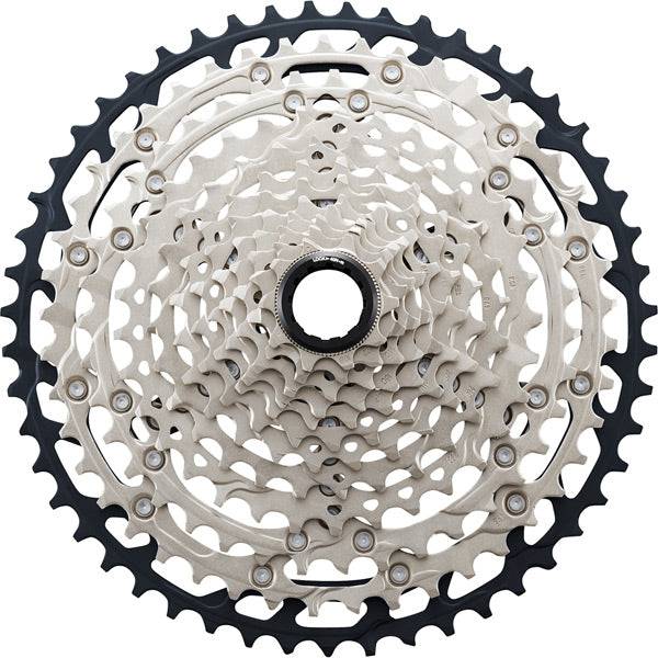 Shimano SLX 12-speed MTB cassette with hyperglide sprockets, black metal components for mountain biking durability.