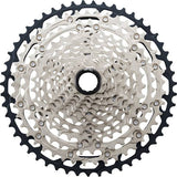 Shimano SLX 12-speed MTB cassette with hyperglide sprockets, black metal components for mountain biking durability.