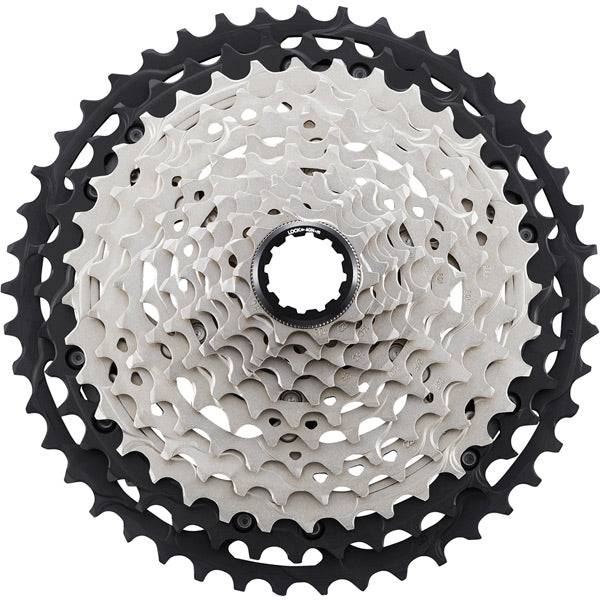 Shimano Deore XT CS-M8100 12-speed MTB cassette with 10-45T Hyperglide micro spline for mountain biking components.