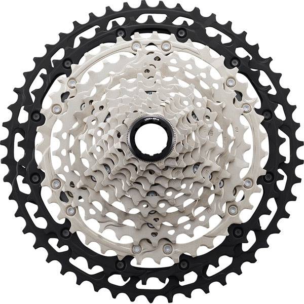 Shimano Deore XT CS-M8100 12-speed MTB cassette with 10-45T Hyperglide micro spline, showing the gear cogs and branding.