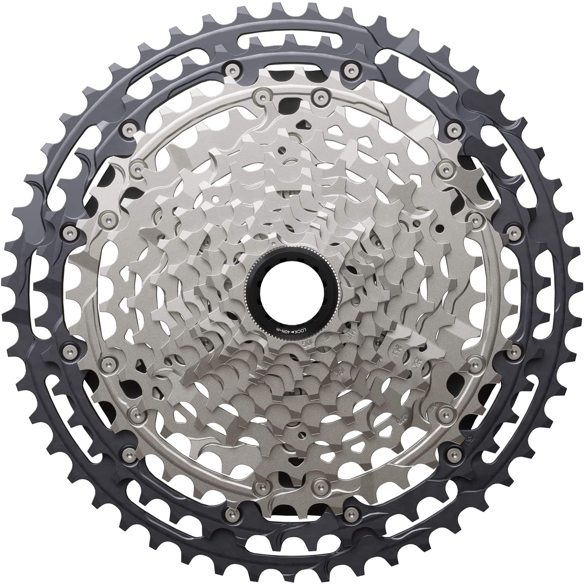 Shimano Deore XT CS-M8200 12-speed MTB cassette with 10-51T Hyperglide sprockets, mounted on a bike drivetrain component.