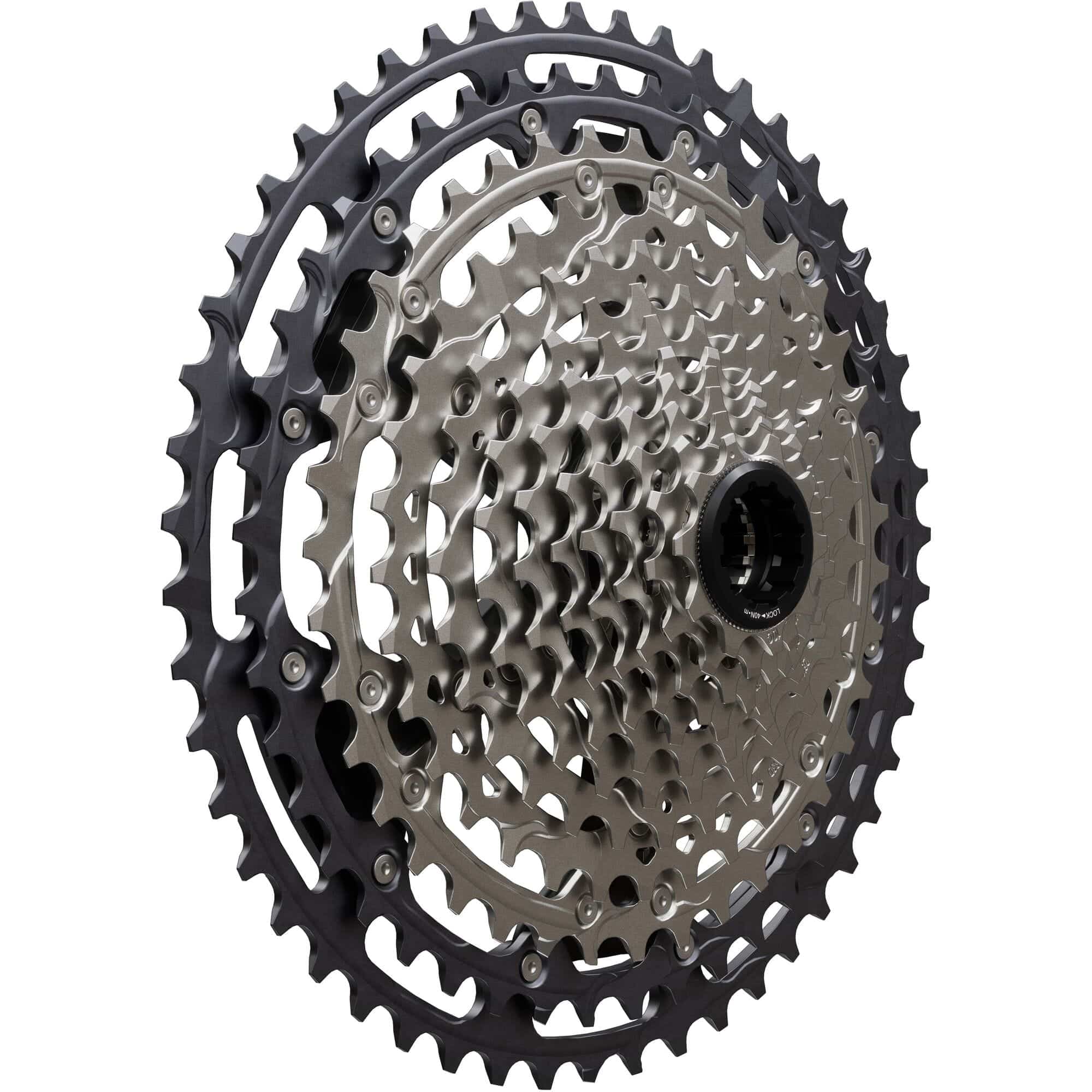Shimano Deore XT 12-speed MTB cassette with 10-51T Hyperglide sprockets, showcasing the black alloy components.