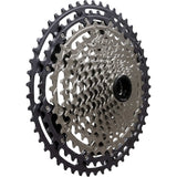 Shimano Deore XT 12-speed MTB cassette with 10-51T Hyperglide sprockets, showcasing the black alloy components.