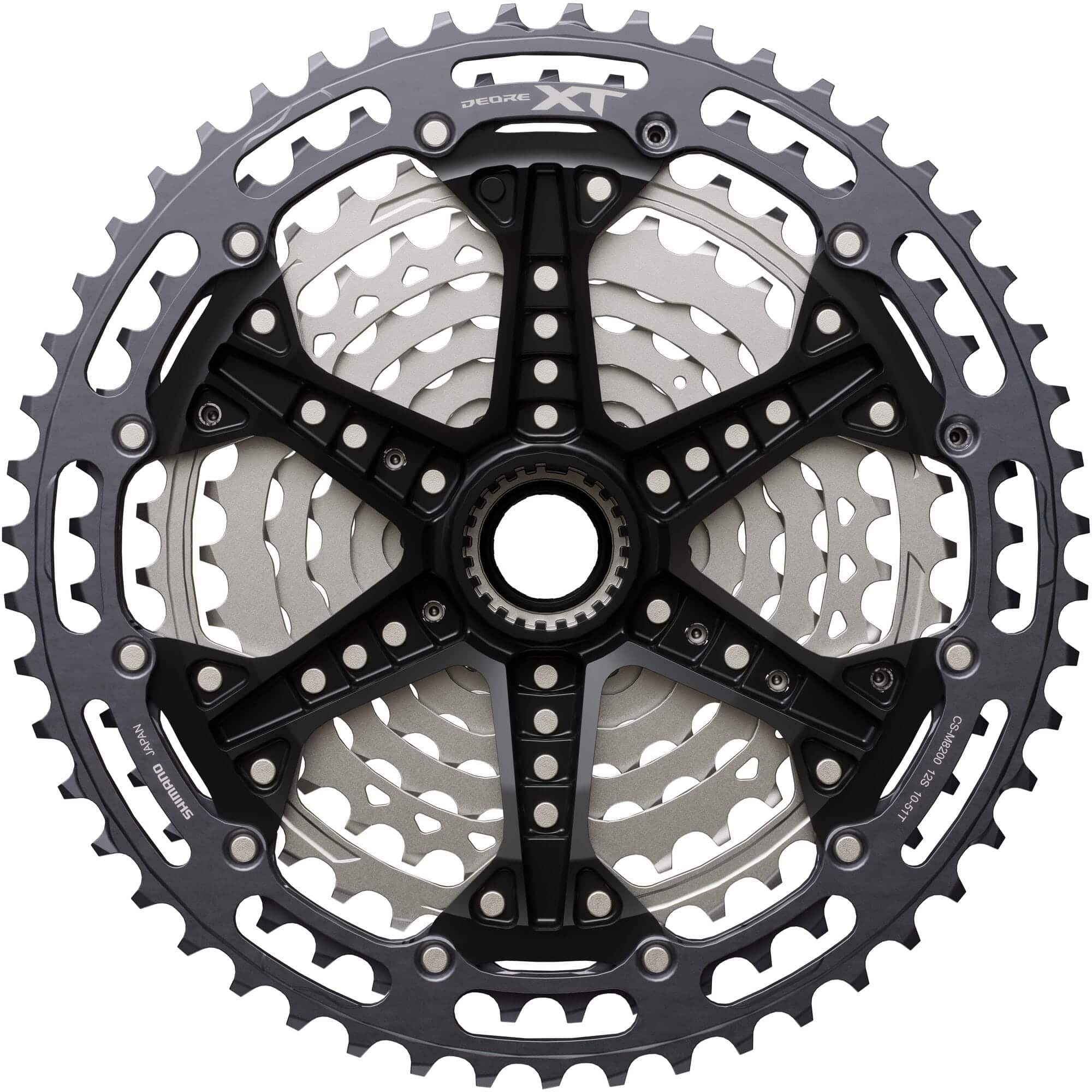 Shimano Deore XT CS-M8200 12-speed MTB cassette with 10-51T Hyperglide sprockets, showing the gear teeth and black alloy body.