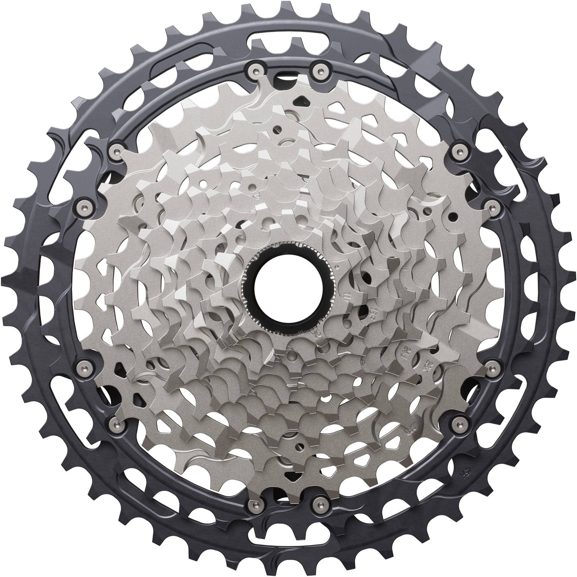 Shimano Deore XT CS-M8200 12-speed MTB cassette with 10-51T Hyperglide sprockets, mounted on a bicycle drivetrain component.