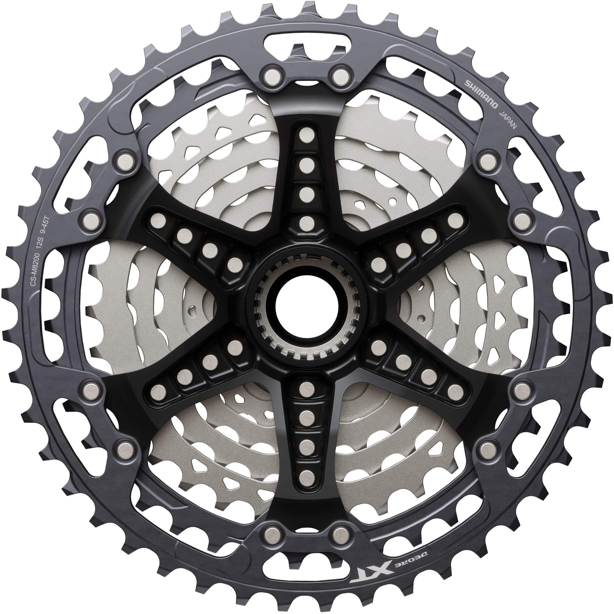 Shimano Deore XT CS-M8200 12-speed MTB cassette with 10-51T Hyperglide sprockets, displayed on a neutral background.
