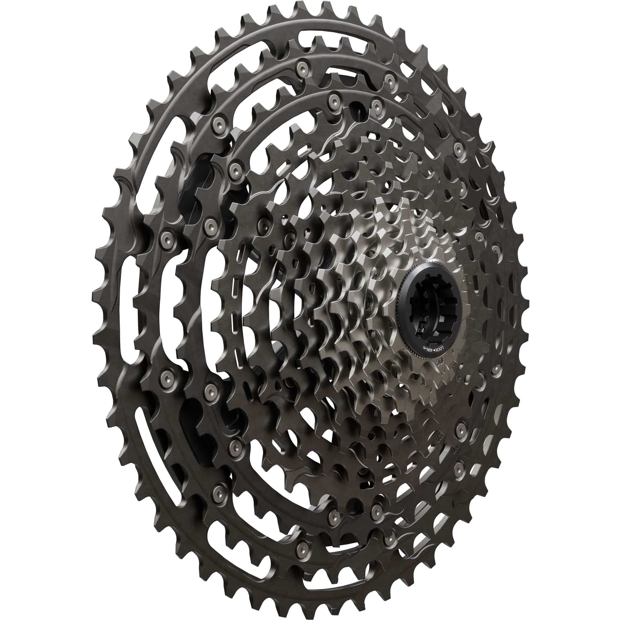 Shimano XTR CS-M9200 12-speed MTB cassette with Hyperglide+ technology, 10-45T, showing the lightweight alloy and gear teeth.