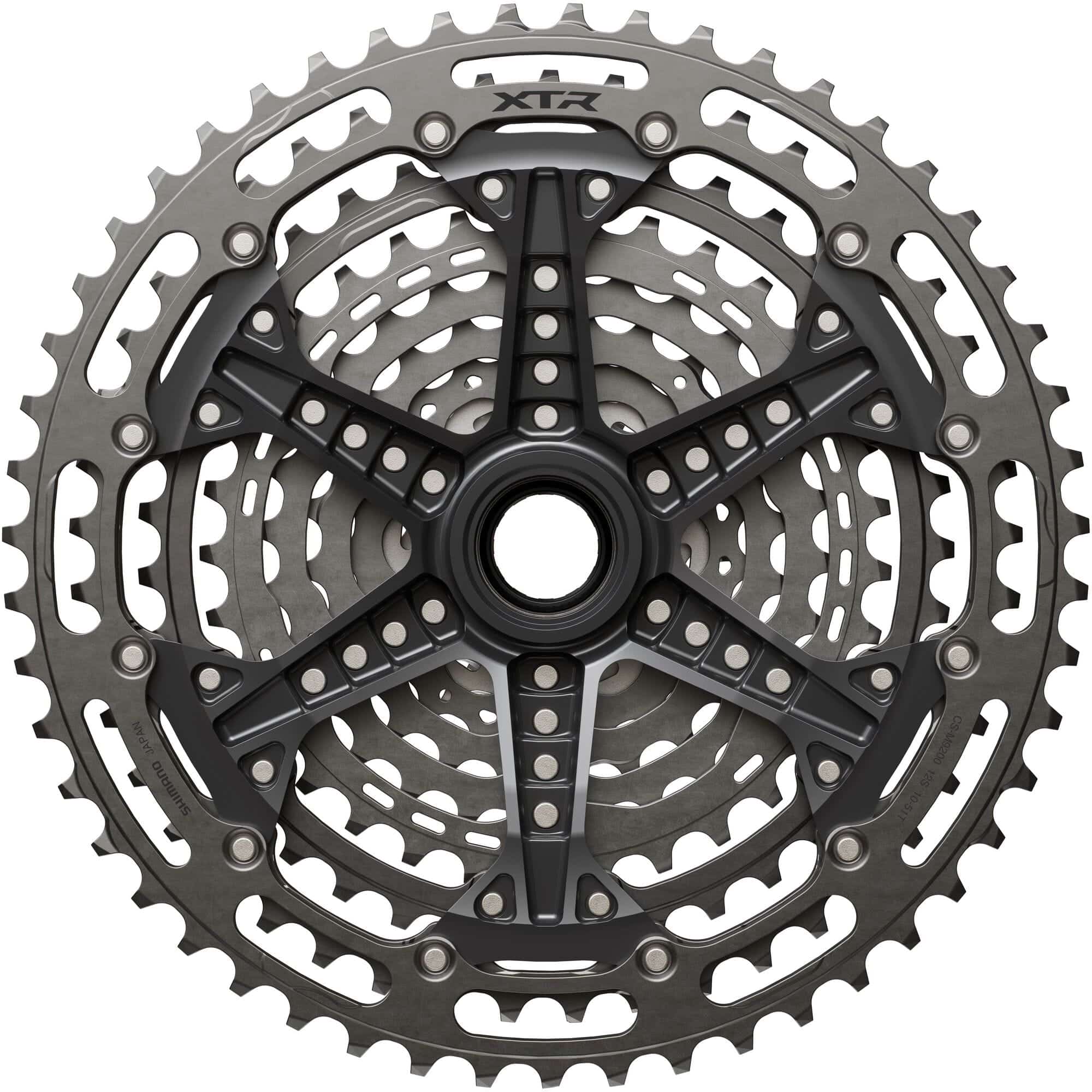 Shimano XTR CS-M9200 12-speed MTB cassette with Hyperglide+ technology, 10-45T, shown on a mountain bike drivetrain component.