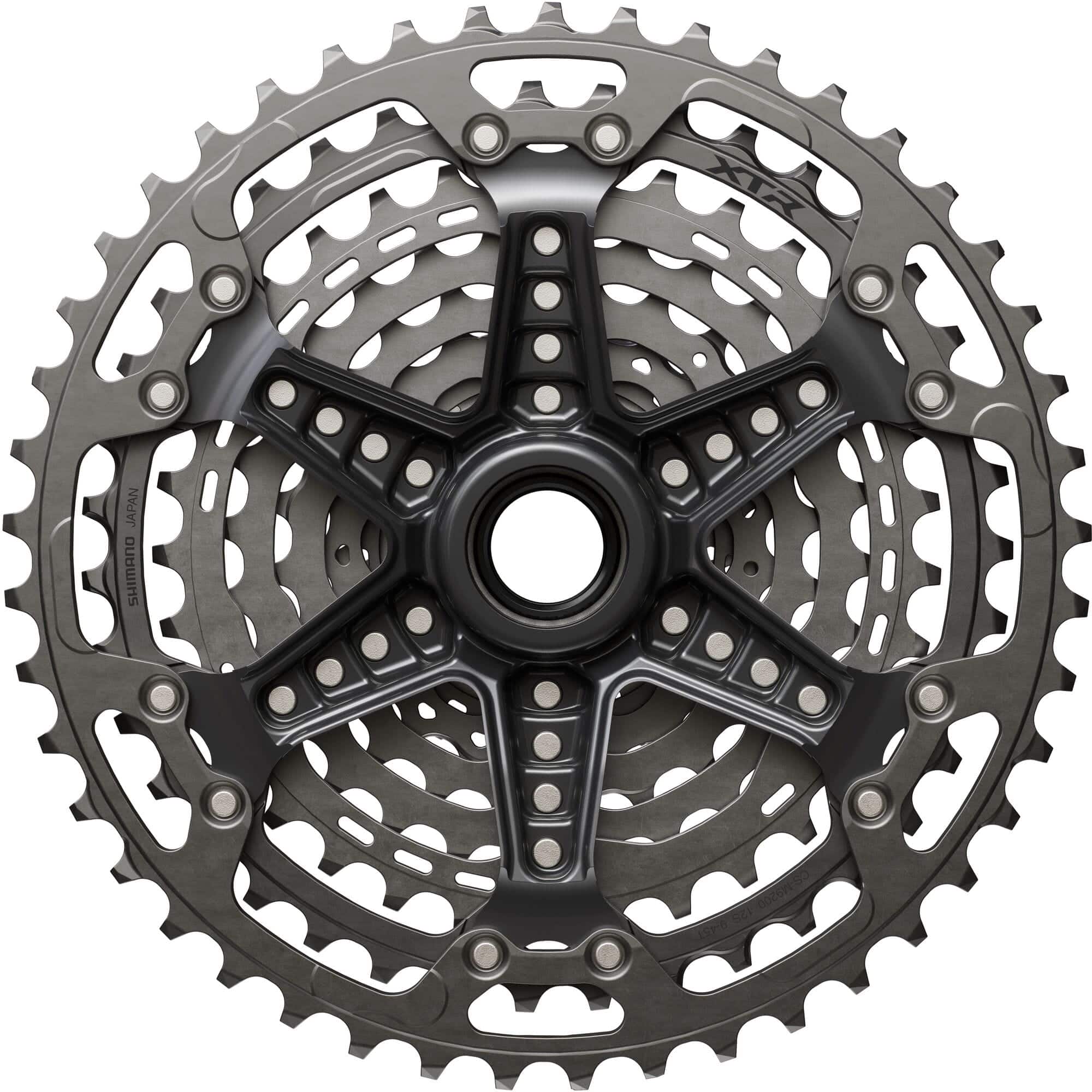 Shimano XTR CS-M9200 12-speed MTB cassette with Hyperglide+ technology, 10-45T, showing the silver gear cogs and branding.