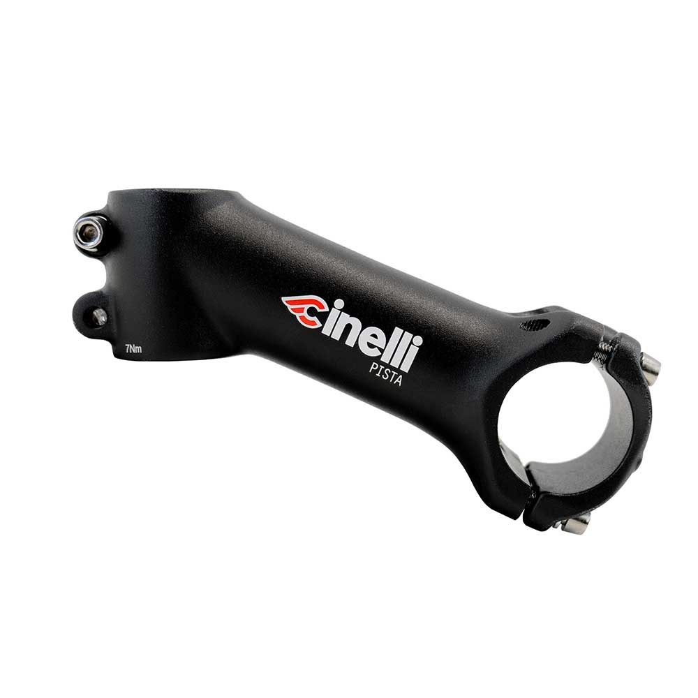 Cinelli Pista track stem with 65° angle and 31.8mm clamp, designed for track bikes, shown on a bicycle handlebar.