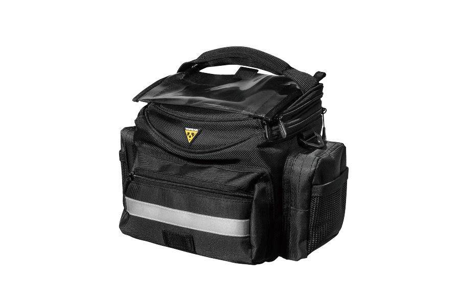 Topeak Tourguide E-Bike handlebar bag in black with QuickClick mount system, shown mounted on an e-bike handlebar.