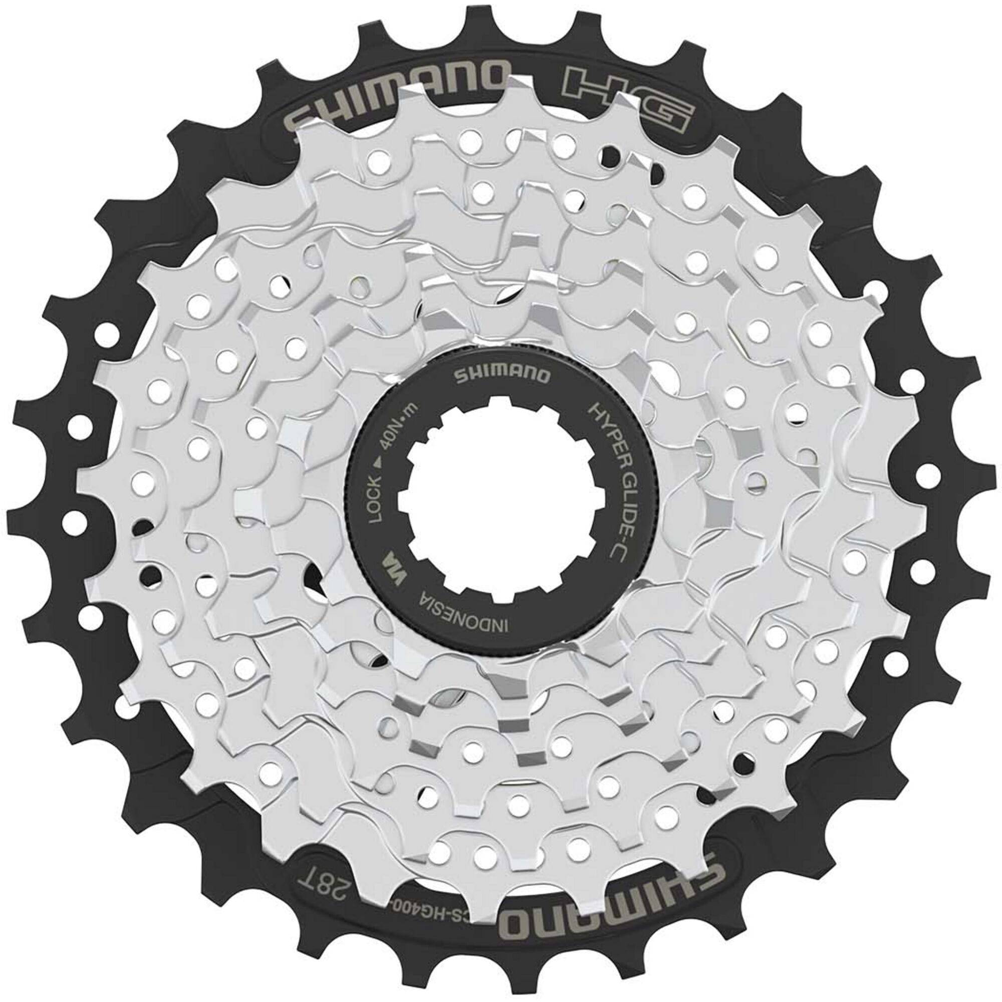 Shimano Altus CS-HG400 7-speed 11-28T cassette with Hyperglide sprockets for bike drivetrain components.