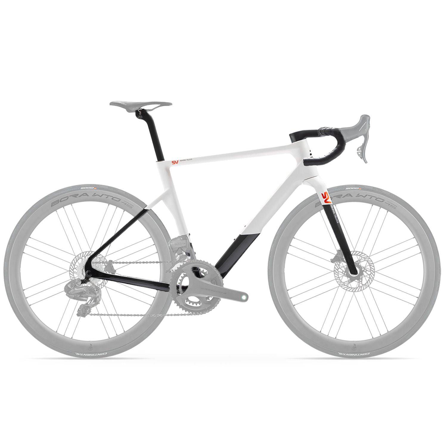 Basso SV Burano white road bike frameset with integrated handlebars and aerodynamic design, showcasing sleek cycling components.