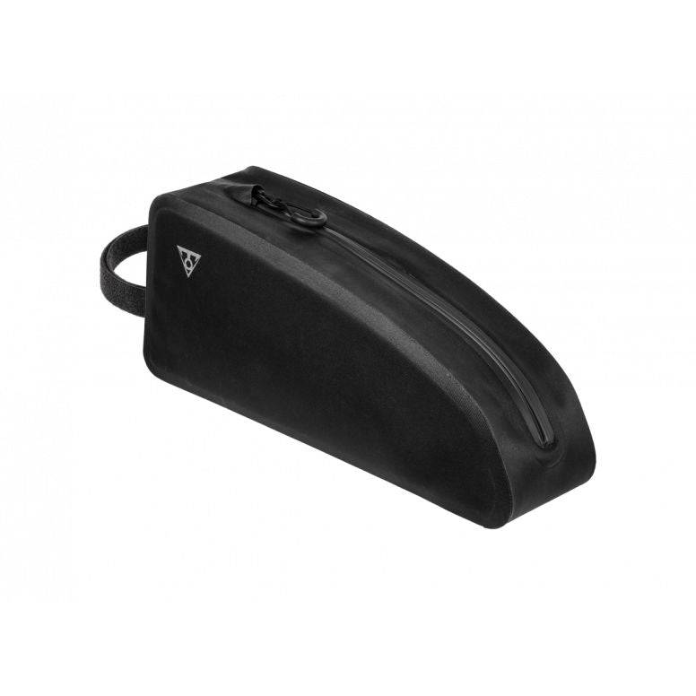 Topeak Toploader Drybag 1L waterproof bikepacking bag attached to bike top tube in black, designed for secure storage during rides.
