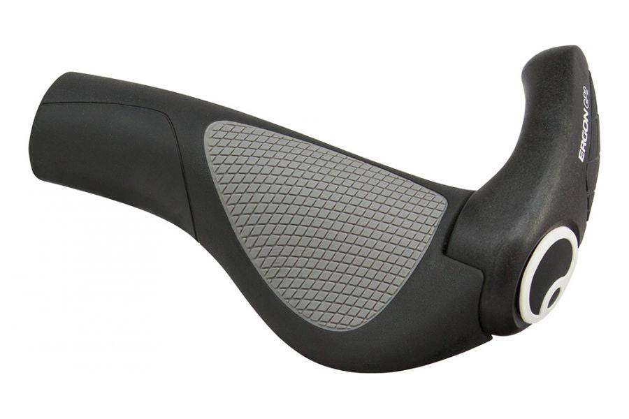 Ergon GP2 ergonomic bike grips with adjustable 2-finger bar ends, designed for comfort and control during cycling.