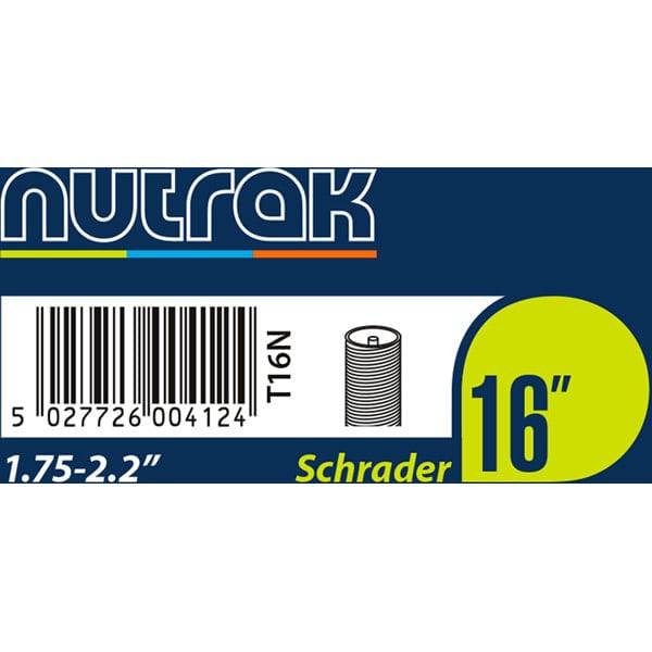 Nutrak bike inner tube with Schrader valve, 16 x 1.75-2.125 inches, for bicycle tires, in a sealed package.