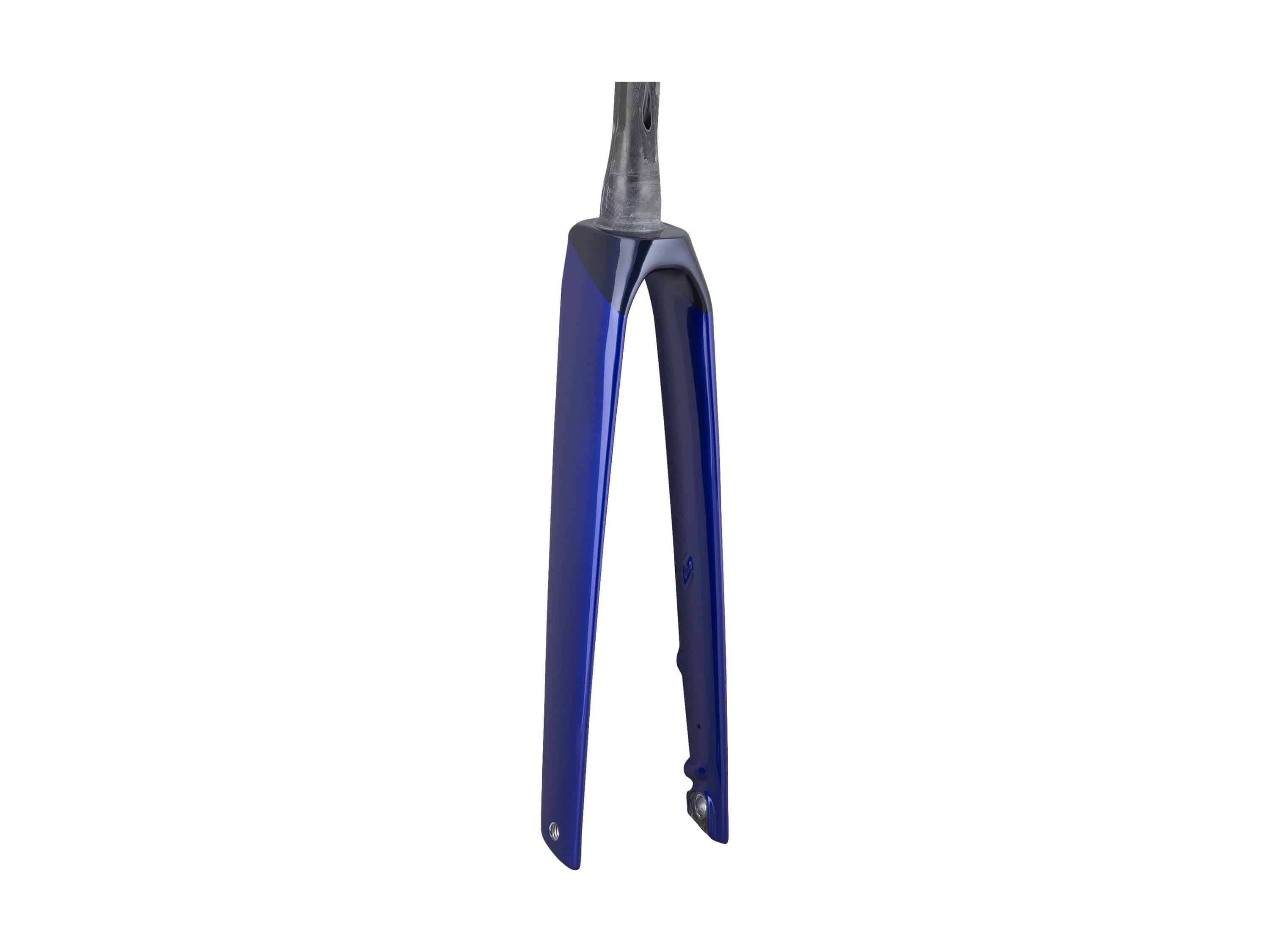 Trek Madone SL6 road bike forks with steering components, showing sleek carbon fork and precise control features.