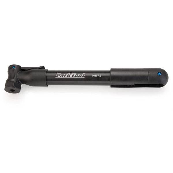 Black Park Tool PMP-4.2 mini bike pump with holder, compact design for Presta and Schrader valves, shown with attached mounting bracket.