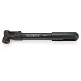 Black Park Tool PMP-4.2 mini bike pump with holder, compact design for Presta and Schrader valves, shown with attached mounting bracket.