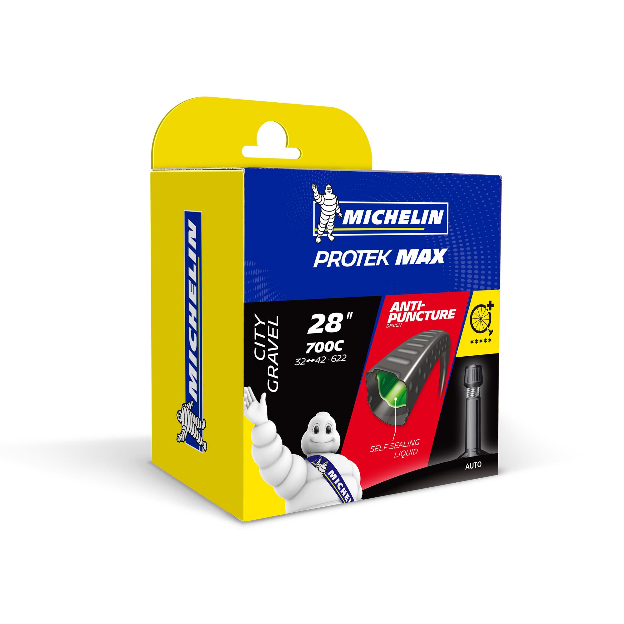 Michelin Protek Max 700c x 32-42mm road inner tube with Presta and Schrader valves, suitable for bicycle tires.