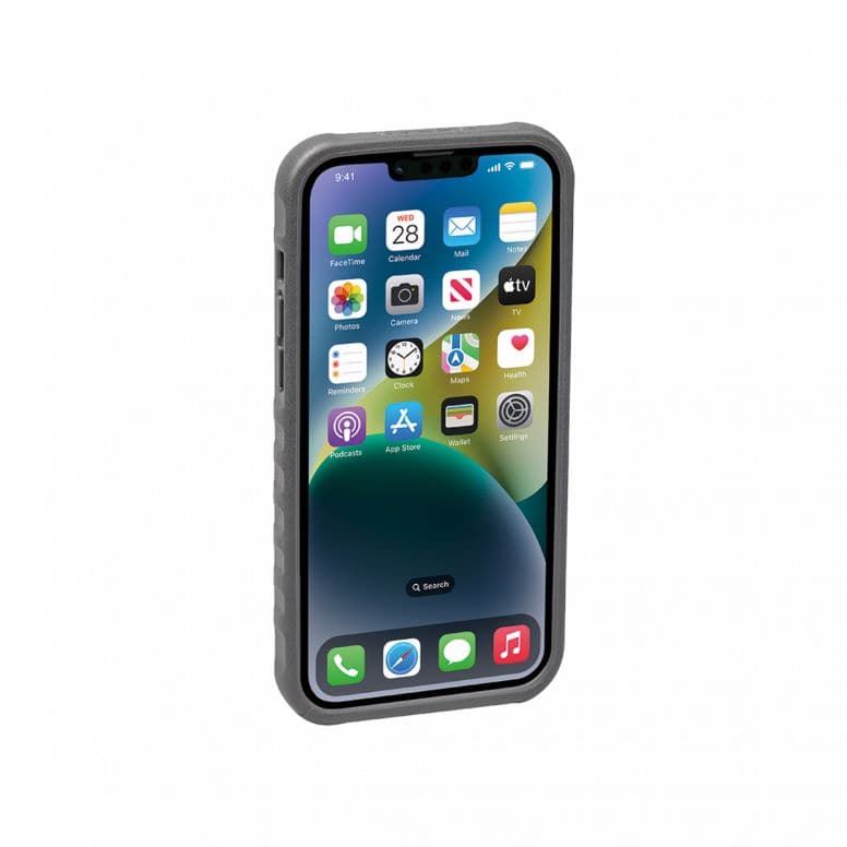 Topeak iPhone 14 Plus RideCase black protective cycling phone case showing rugged design and secure mount for outdoor riding.