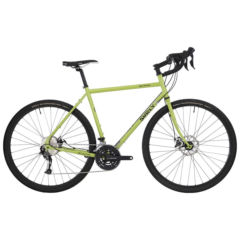 Surly Disc Trucker touring bike frame with 700c wheels and flat-mount disc brakes, ideal for adventure riding.