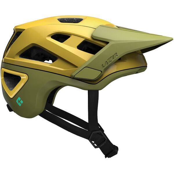 Lazer Jackal KinetiCore MTB helmet with magnetic buckle and action camera mount, designed for mountain biking safety and convenience.