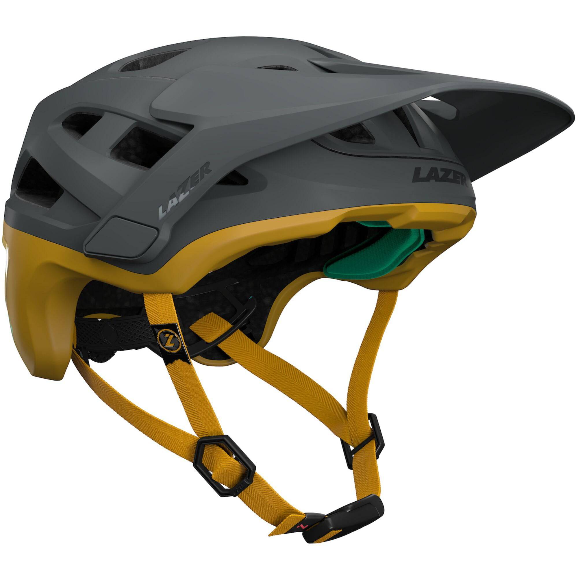 Lazer Jackal KinetiCore MTB helmet with magnetic buckle and action camera mount, featuring a sleek design and ventilation.