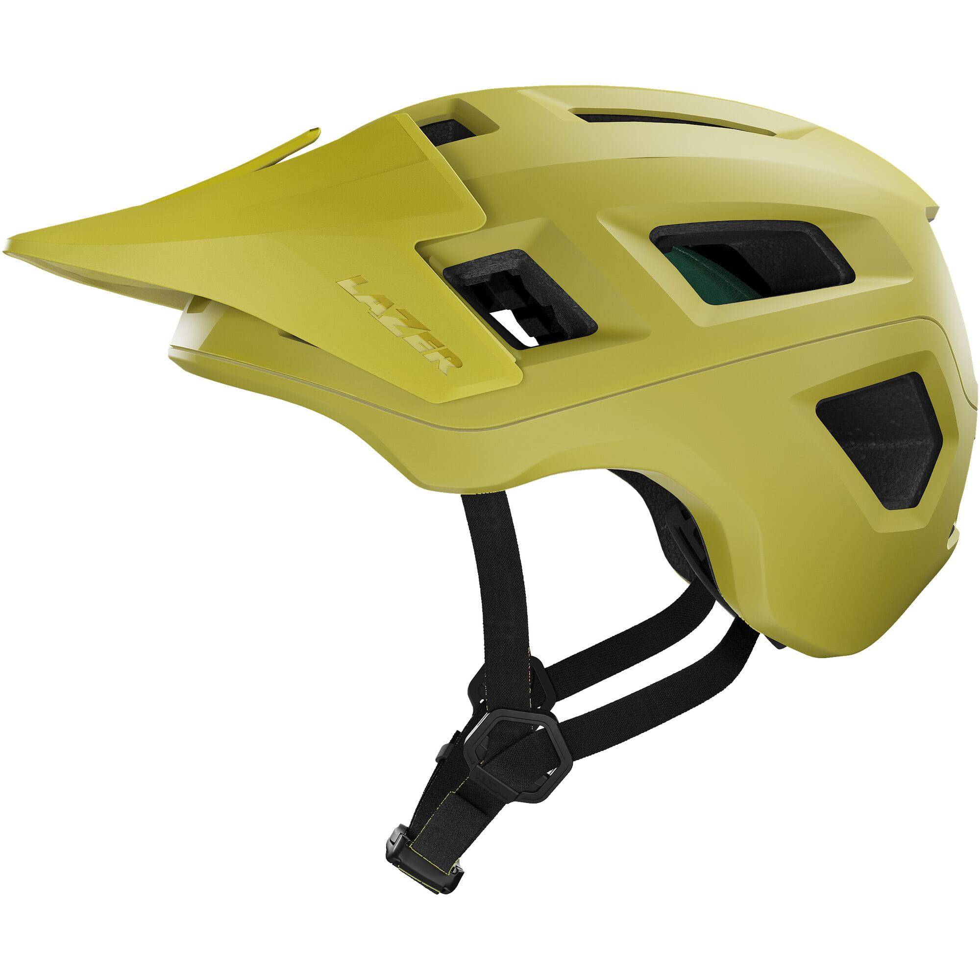 Lazer Coyote KinetiCore mountain bike helmet with TurnSys fit system and magnetic buckle, shown from the front.
