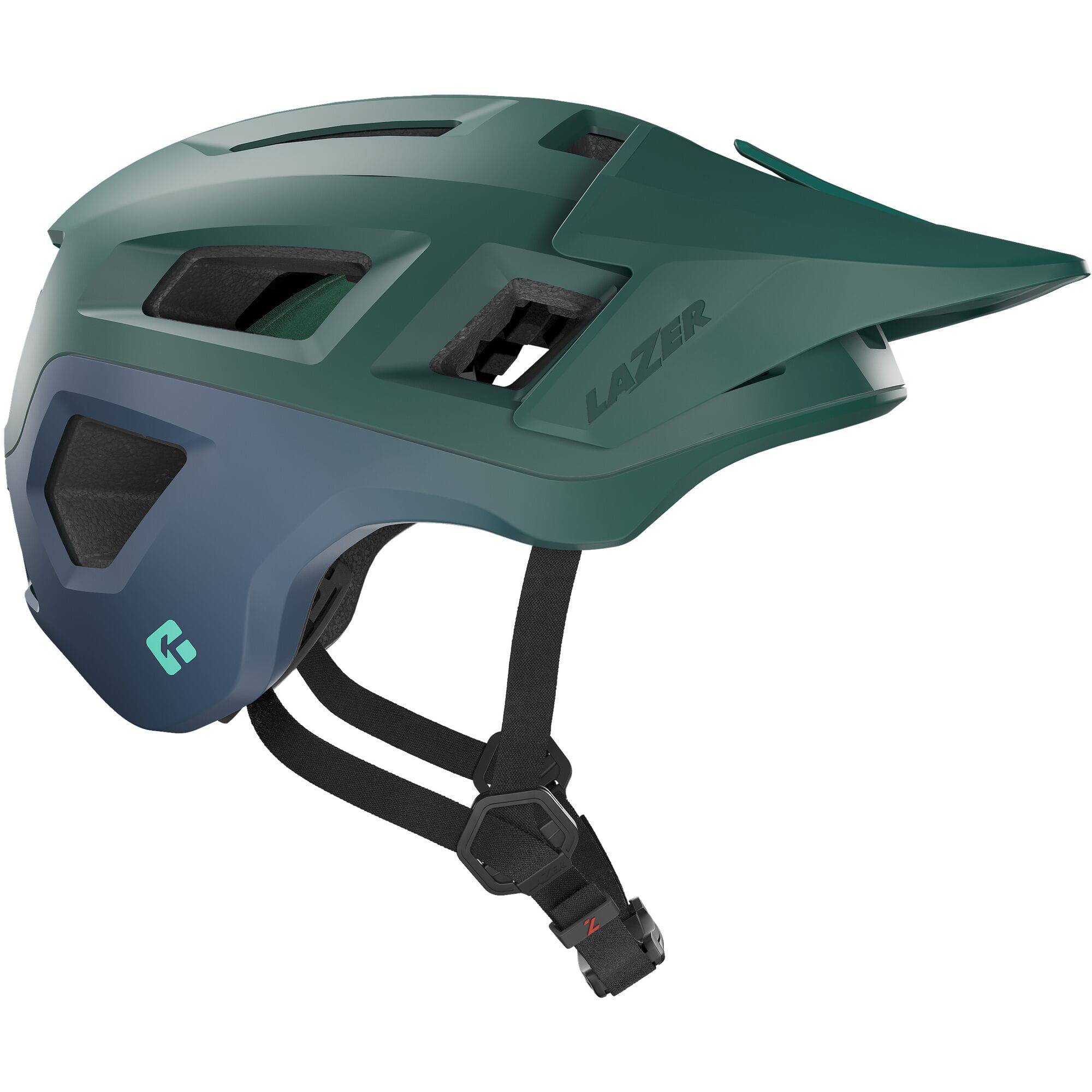 Lazer Coyote KinetiCore mountain bike helmet with TurnSys fit system and magnetic buckle, shown in side view with ventilation openings.