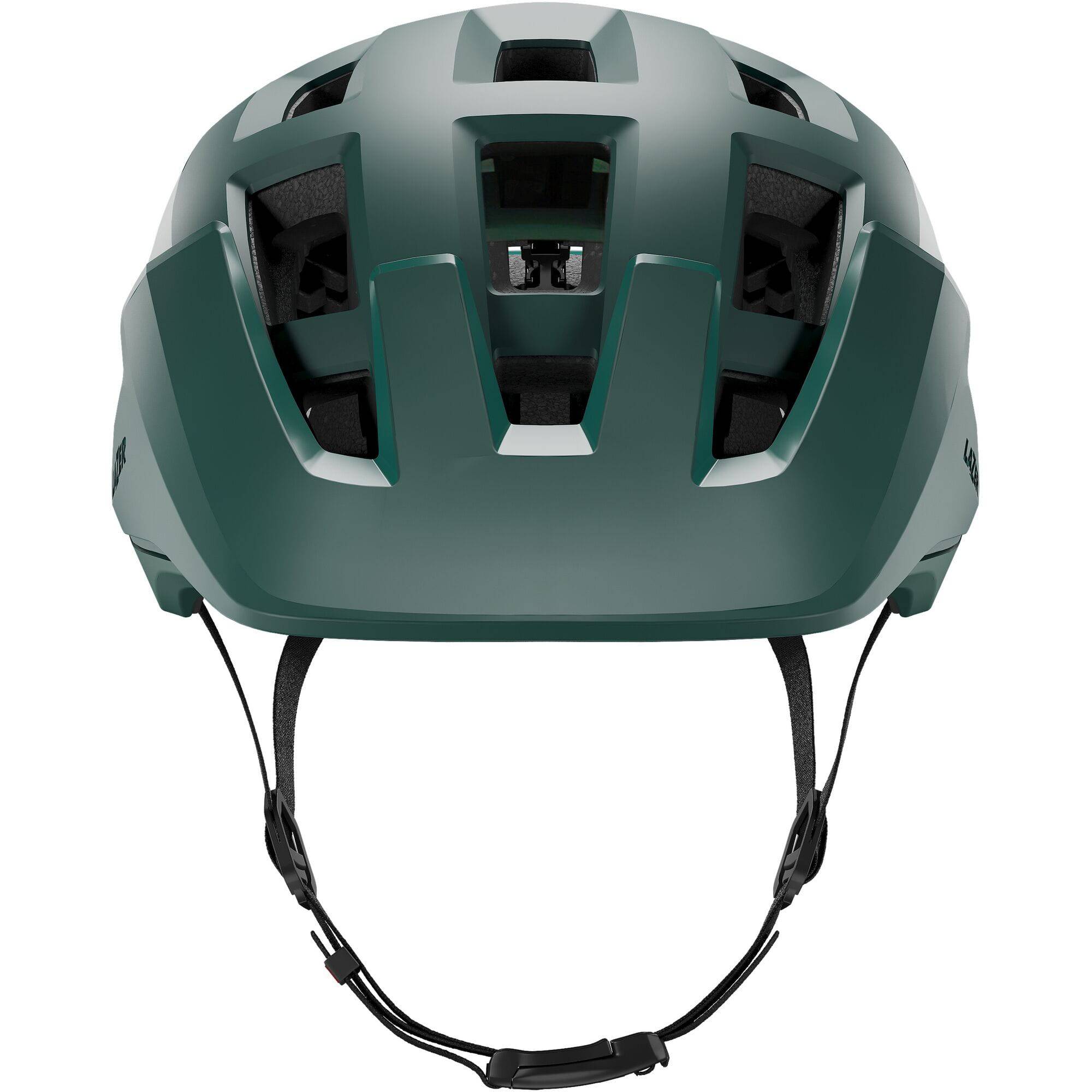 Lazer Coyote KinetiCore mountain bike helmet with TurnSys fit system and magnetic buckle, shown on a rider.