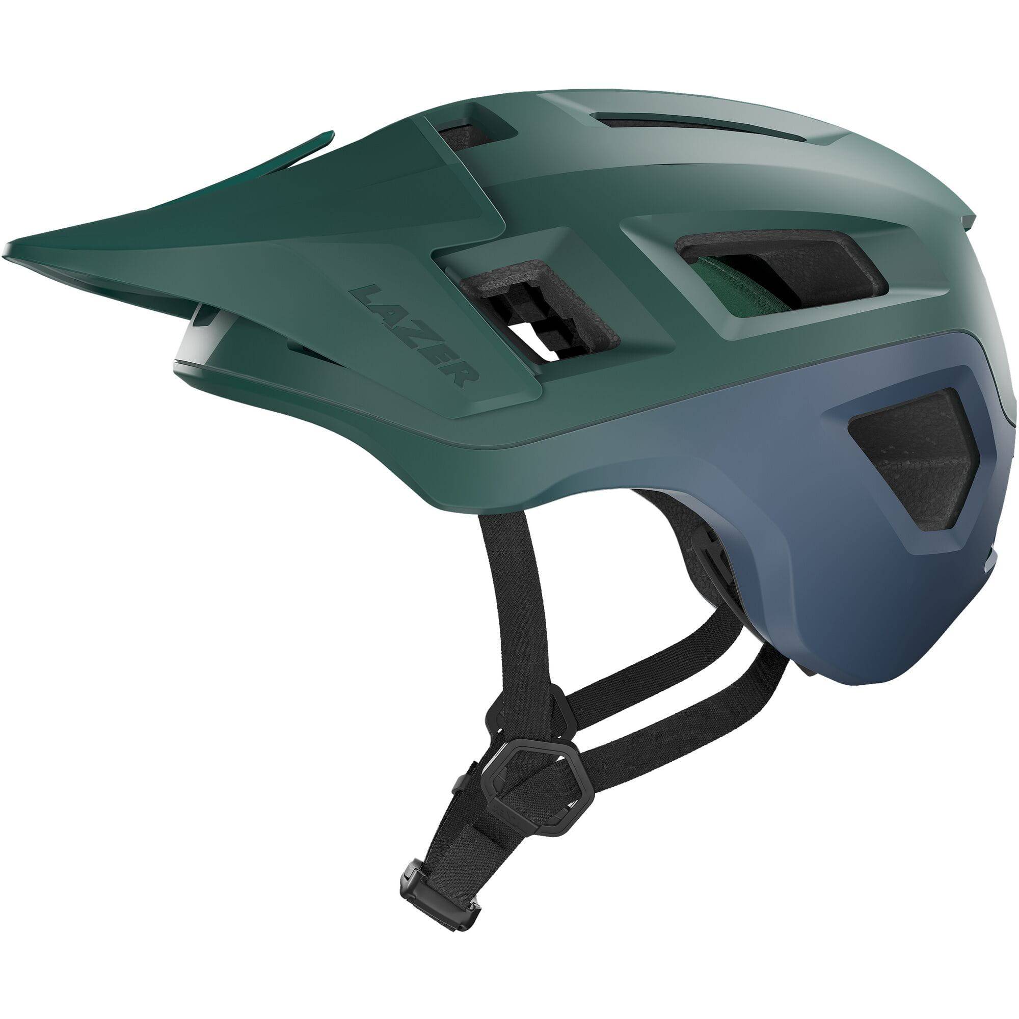 Lazer Coyote KinetiCore mountain bike helmet with TurnSys fit system and magnetic buckle, shown from front view.